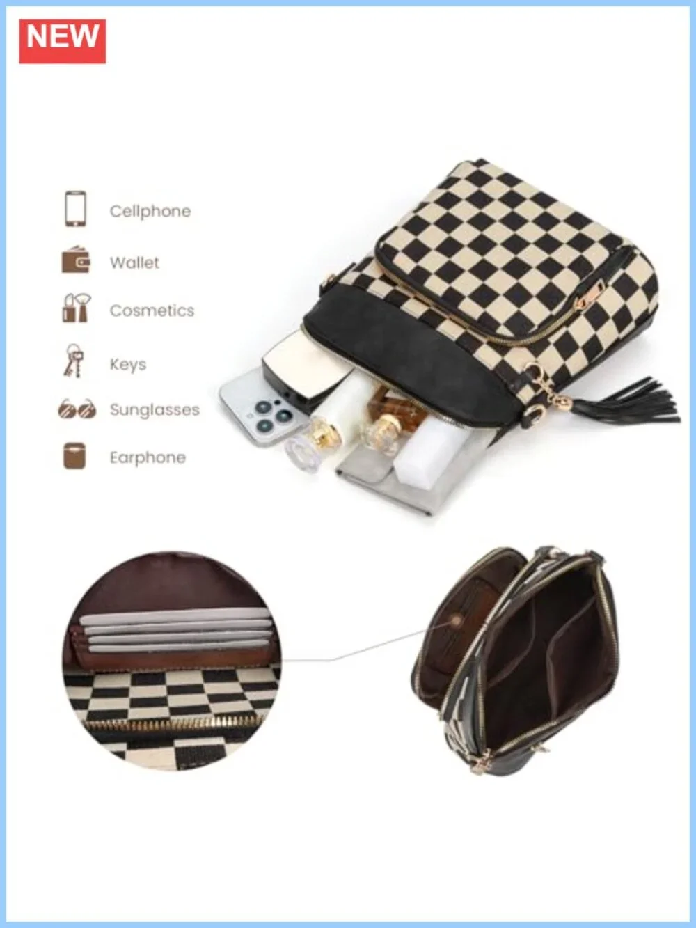 Checkered PU Leather Crossbody Purse for Women Plaid Medium Over Shoulder